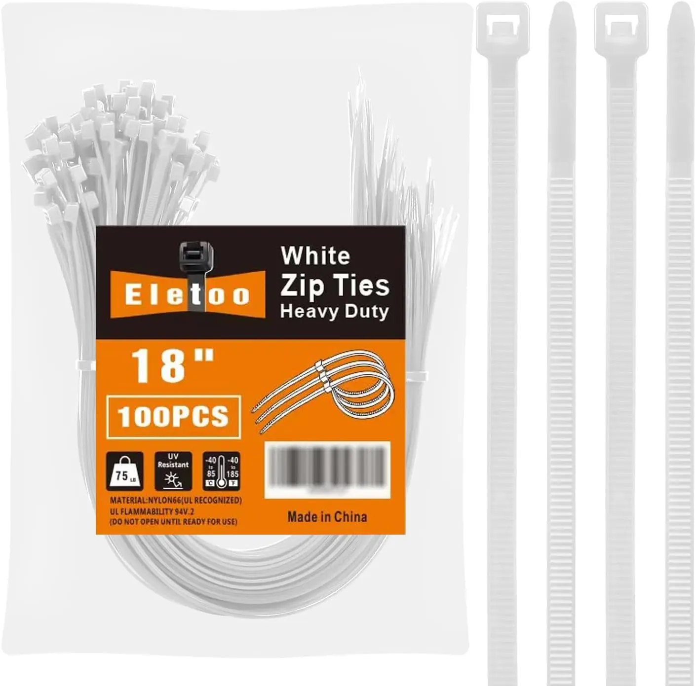 

100 PCS 18 inch White Zip Ties Heavy Duty 75LBS Tensile Strength Self-Locking UV Resistant Cable Ties for Indoor and Outdoor
