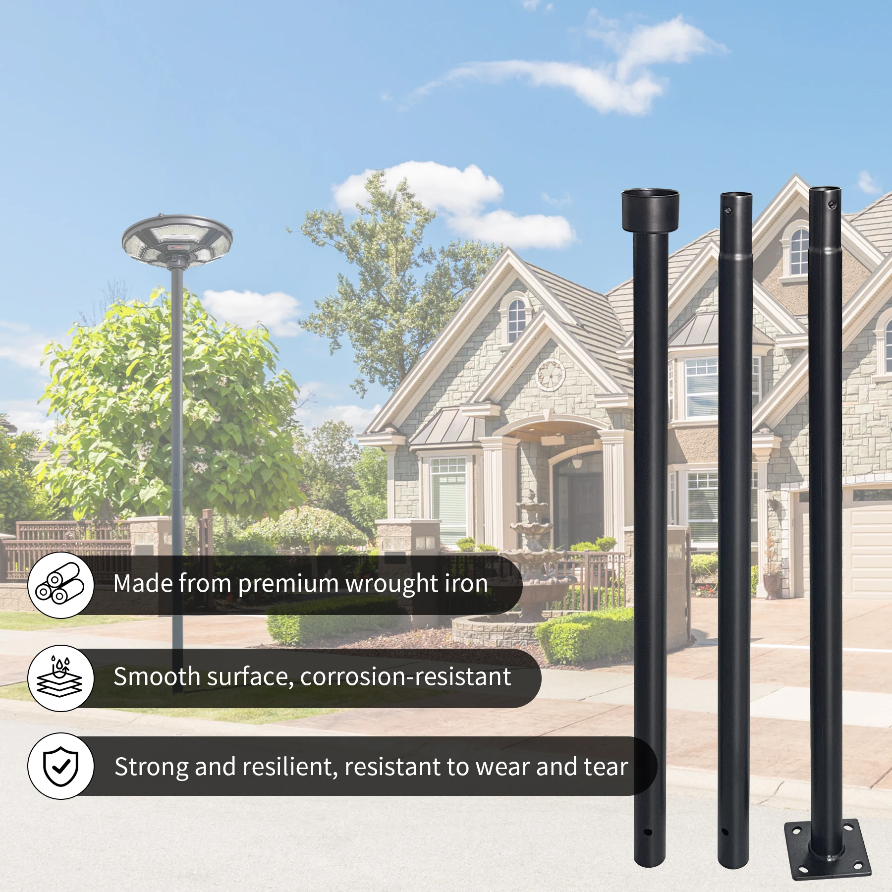 3m Mini Spliced Iron Light Pole Easy Assemble Straight Lamp Post for Outdoor Yard & Driveway