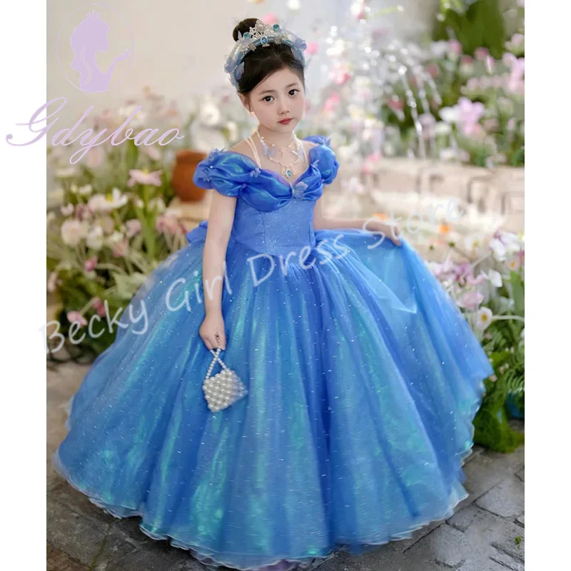 

Customized Blue Flower Girl Dresses For Wedding Shiny Tulle Floor Length Elegant Kids Birthday Party Quinceanera Bridesmaid Gown