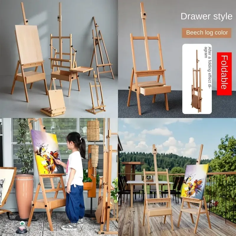 Classic Foldable Adjustable Sketch Painting Easel Desktop Box Artboard for Watercolor Oil Painting Beech Wood for Adults and