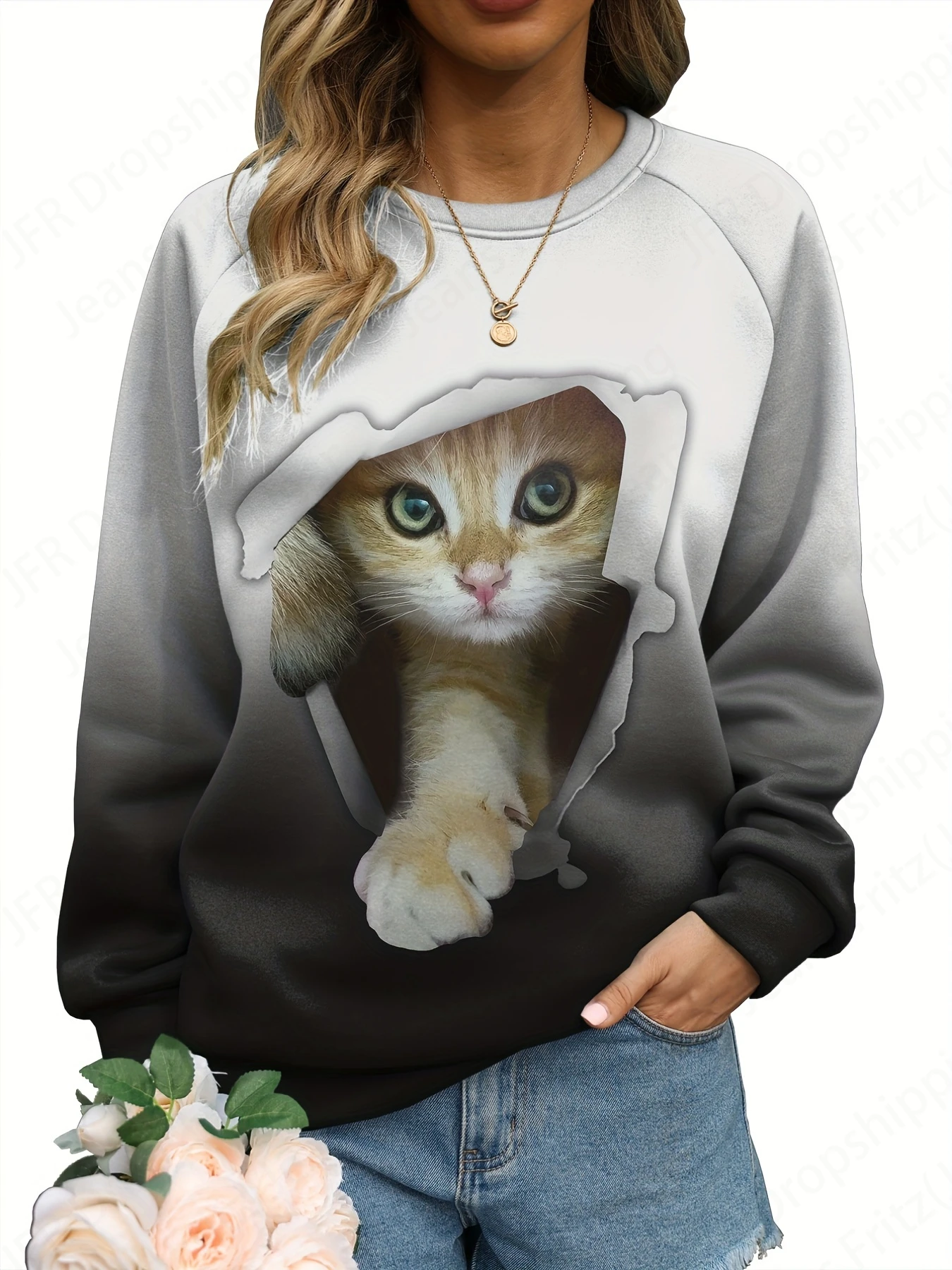 Funny Women\'s Hoodie 3D Cartoon Hole Breaking Cat Print Sweatshirt Casual O-Neck Hoodie Fashion Womens Sweats Spring Autumn Coat