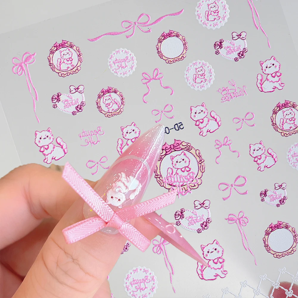 

1sheet 5D Pink Japanese Kitten Nail Sticker Cartoon Cute Cat Bowknot nail decal with adhesive ornament Back Glue ManicureSticker