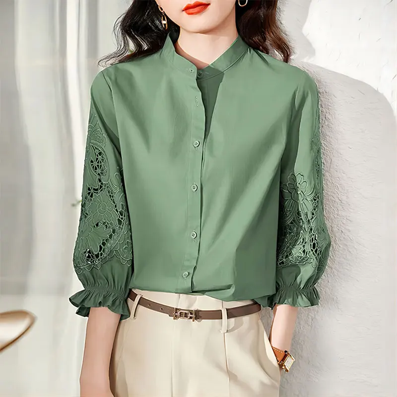 Elegant Hollow Out Stylish Embroidery Shirt Commute Single-breasted Female Clothing Stand Collar Spring Summer 3/4 Sleeve Blouse