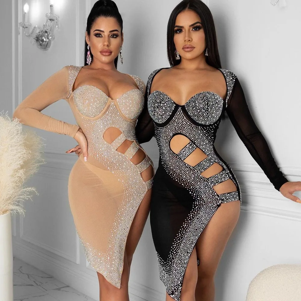 Mode Frauen sexy Nachtclub Party Party Club Skelett Split Mesh durchsichtige heiße Strass Kleider