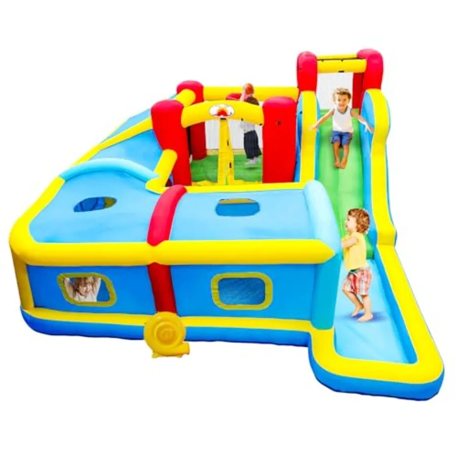 Inflatable Water Slide Park for outdoor play, PVC material, blue and red color, includes blower, slide, rock climbing, ball poo