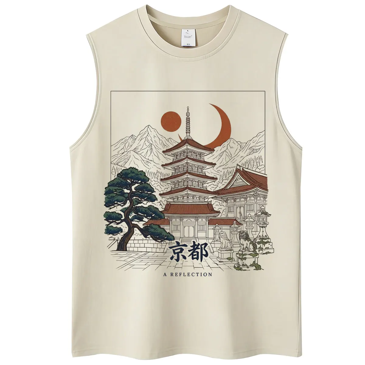 Washed Kyoto Reflections Print Tank Tops Vintage Japanese Ukiyo-e Style Temple Sleeveless Vests Cotton Casual Oversized T Shirt