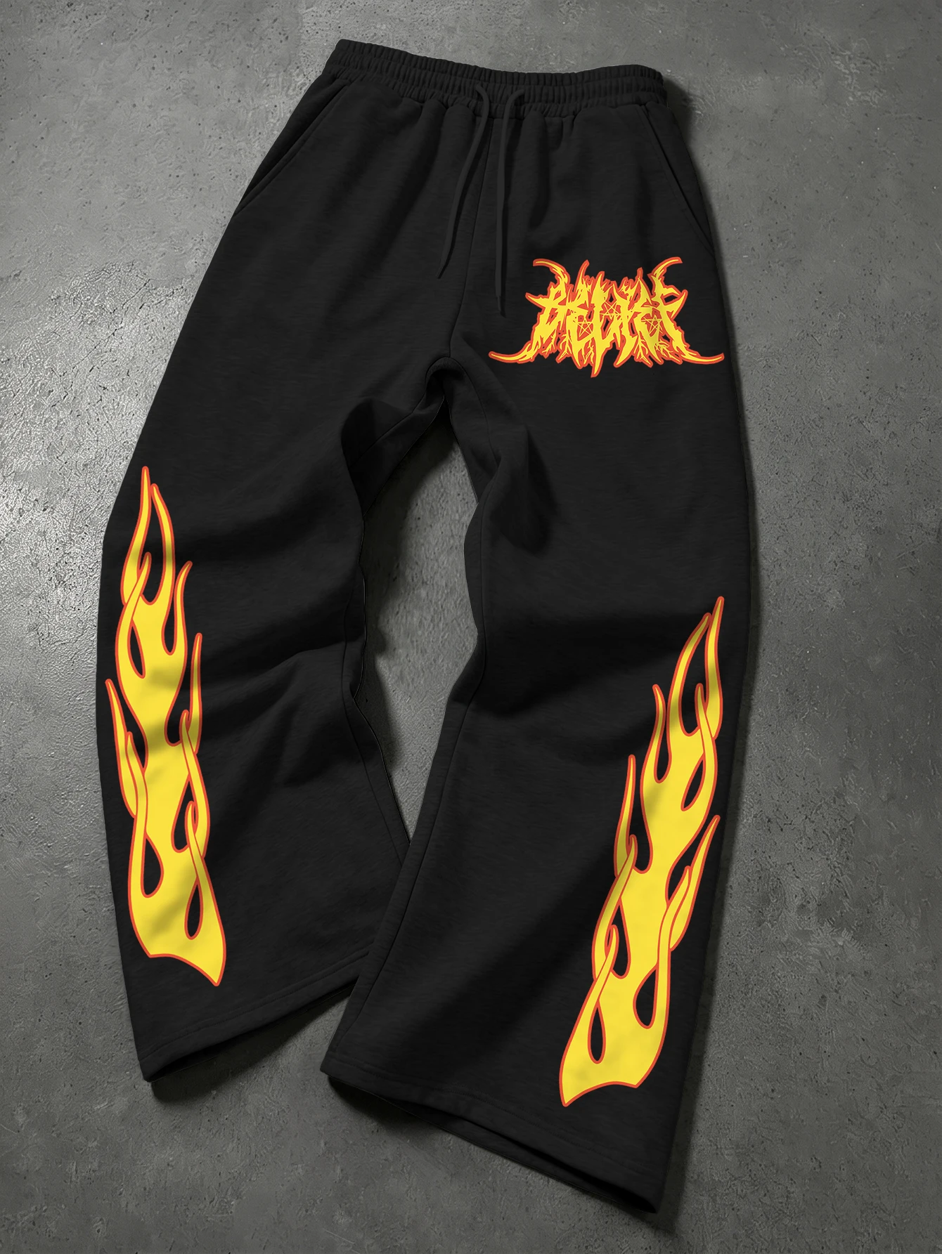 Men's & Women's Flame Print Sweatpants Gothic Letter Drawstring Loose Wide Leg Joggers Y2K Streetwear Trousers S‑2XL