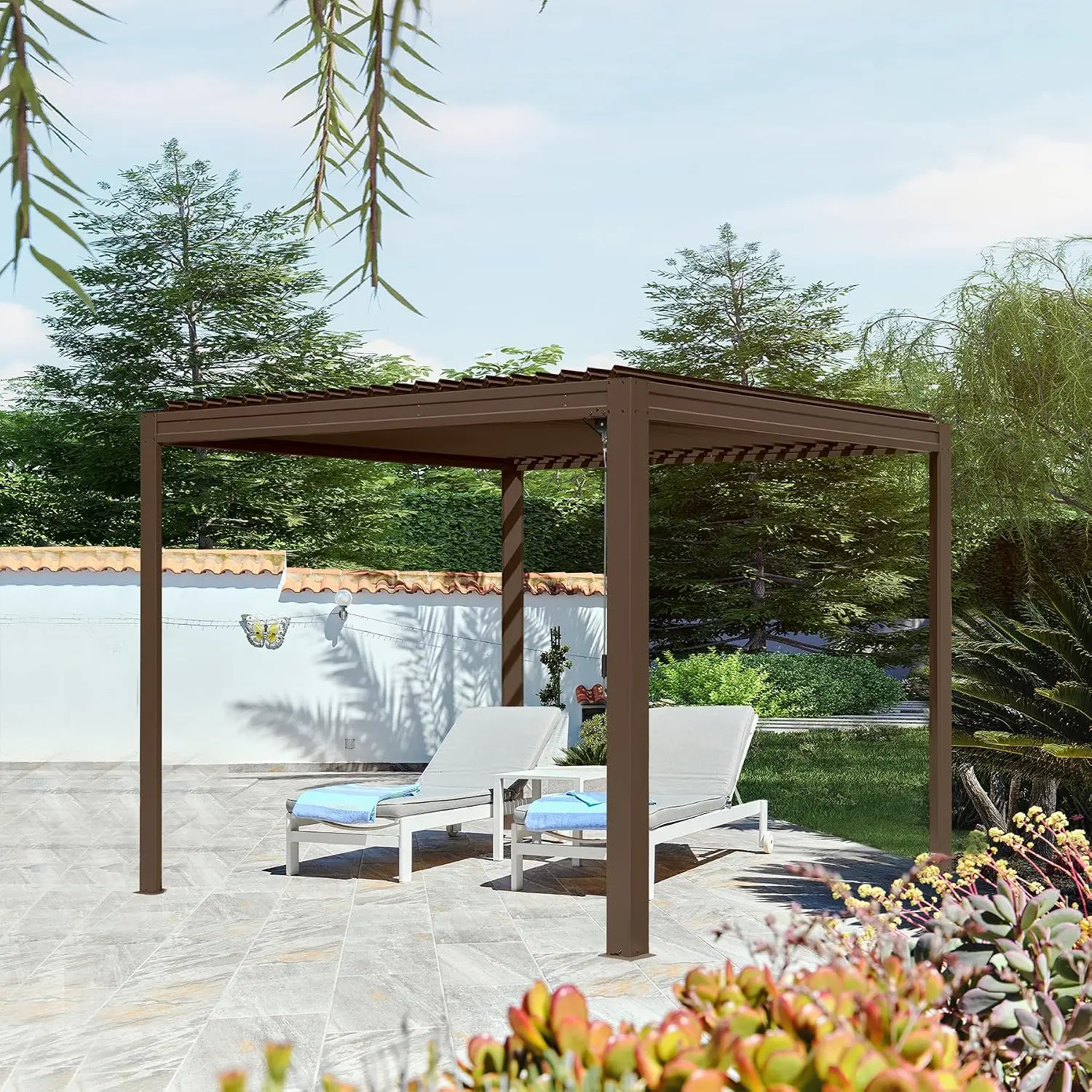 Domi 10x10 Outdoor Louvered Pergola with Aluminum Frame,Brown, Customized