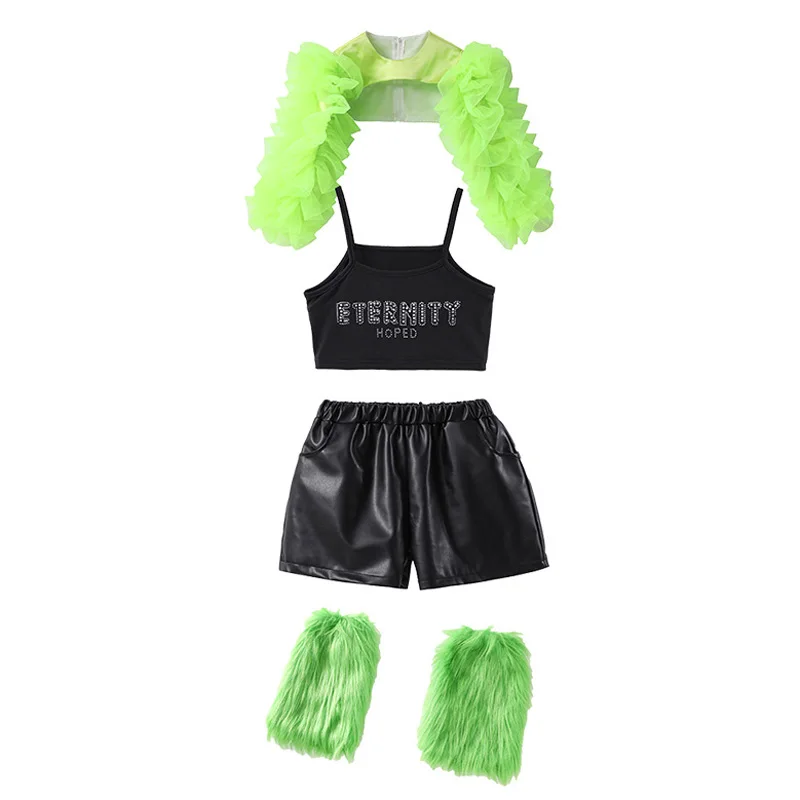 أطفال الهيب هوب ملابس الرقص الحفل مرحلة الأداء ارتداء الفتيات ملابس رقص الجاز الأخضر نفخة الأكمام الترتر القمم السراويل دعوى