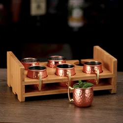 6pcs/set 2oz Mini Mugs Moscow Mule Mug With Wooden Holde Cocktail Cups Stainless Steel Hammered Copper Plated Beer Wine Mug