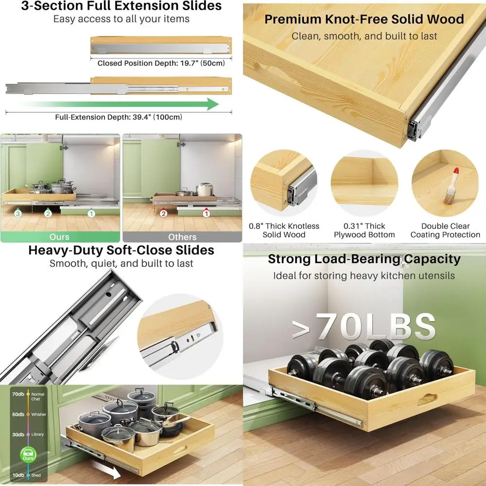 

Деревянные выдвижные ящики полного выдвижения для кухонной кладовой, мягкое закрытие, 21 Вт x 21D x 34H, нижнее и боковое крепление