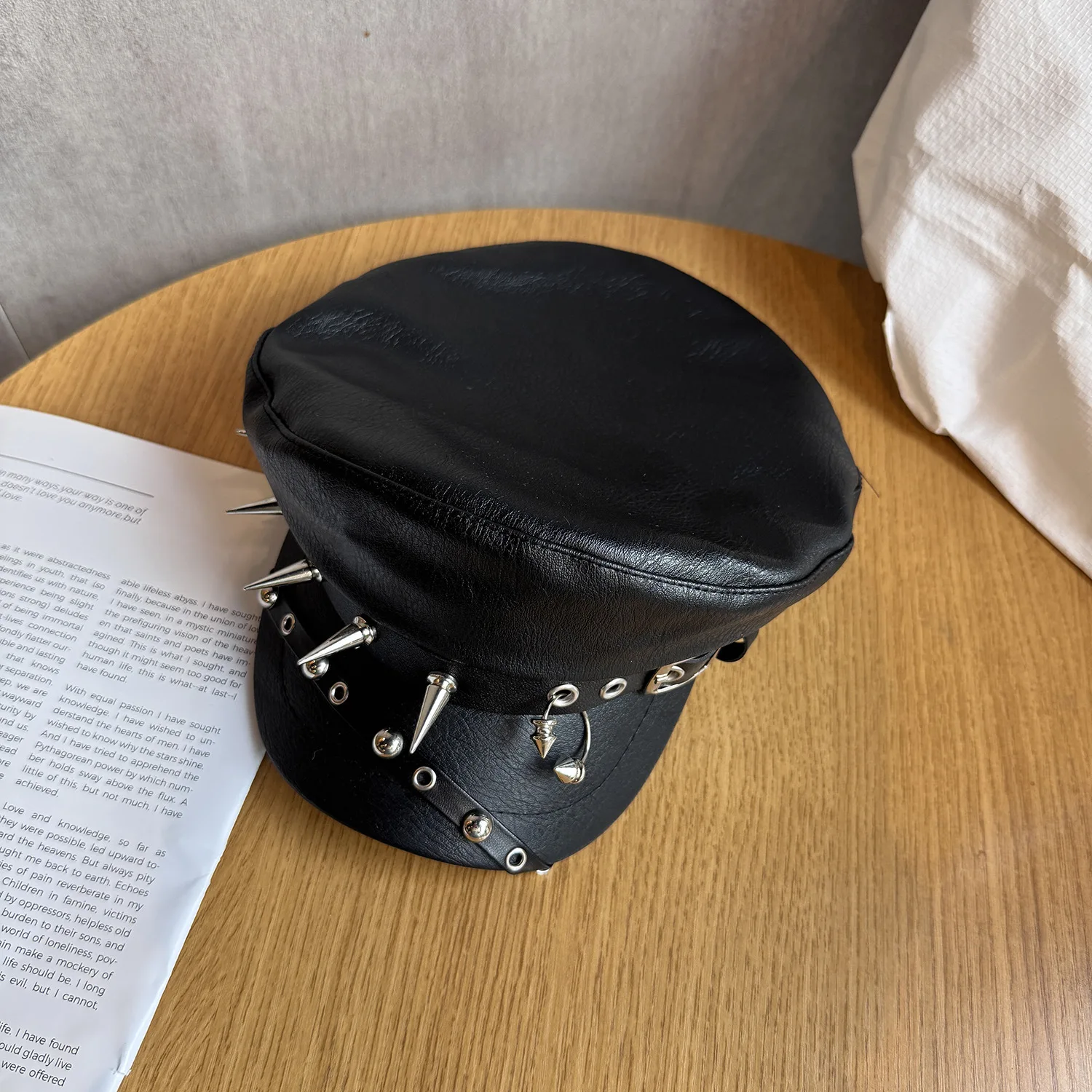 Anime Cosplay Black PU Hat Rivets Decorated Trendy Role-playing Street Style Casual Leather Hat 6