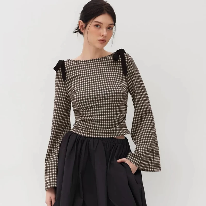 

Vintage Plaid Crop Shirts Women Autumn Bandage Bow Slim Fit Folds Casual Blouse Retro Flare Sleeve Office Lady Korean O Neck Top