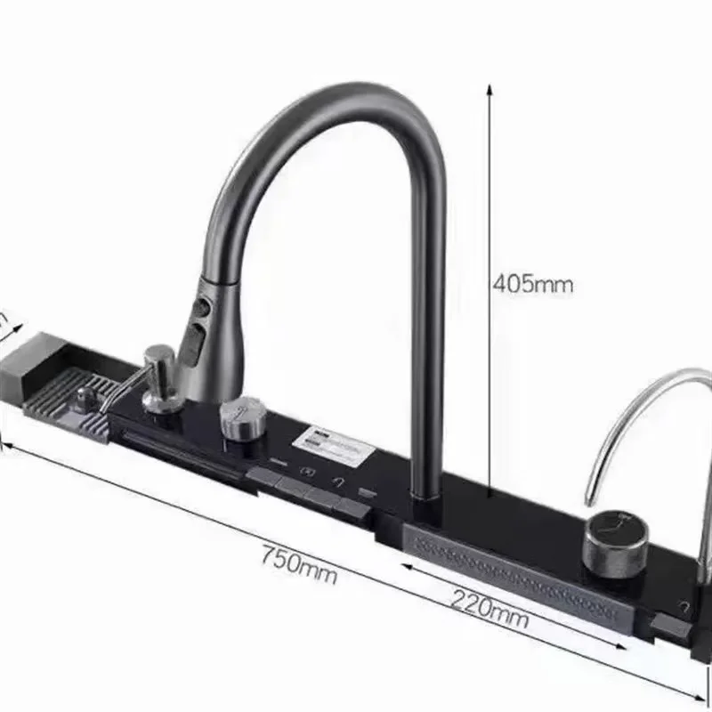 Luxurious high-end faucet, featuring waterfall-style water flow, digital display, cup dispenser, and complete set of functions
