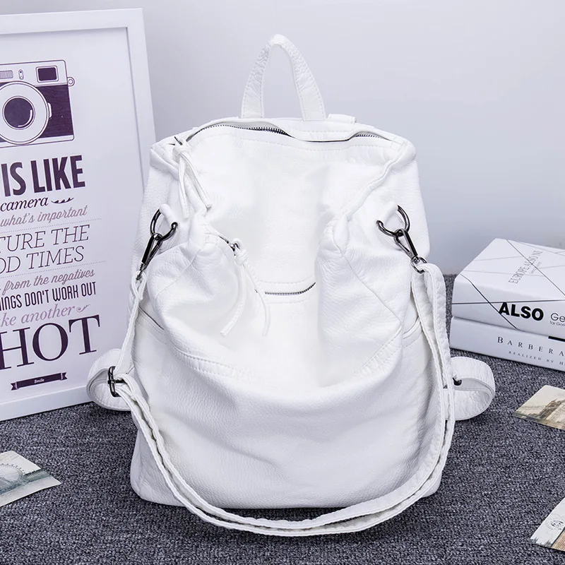 Brand Fashion Women's Backpack Casual Anti-Theft Backpack Soft Washed Leather Backpack White Black Shoulder Bag Pack