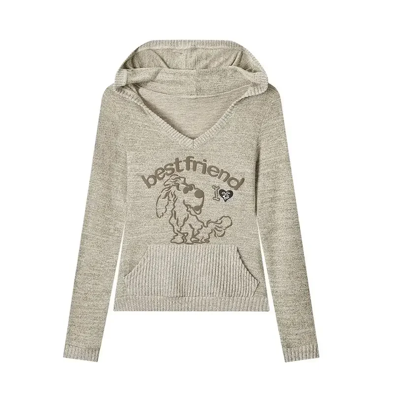 Camisetas de manga larga con capucha para mujer, estilo pijo, color caqui, con estampado de perro, camisetas Y2k, camisetas de cintura delgada, Vintage de punto de calle alta