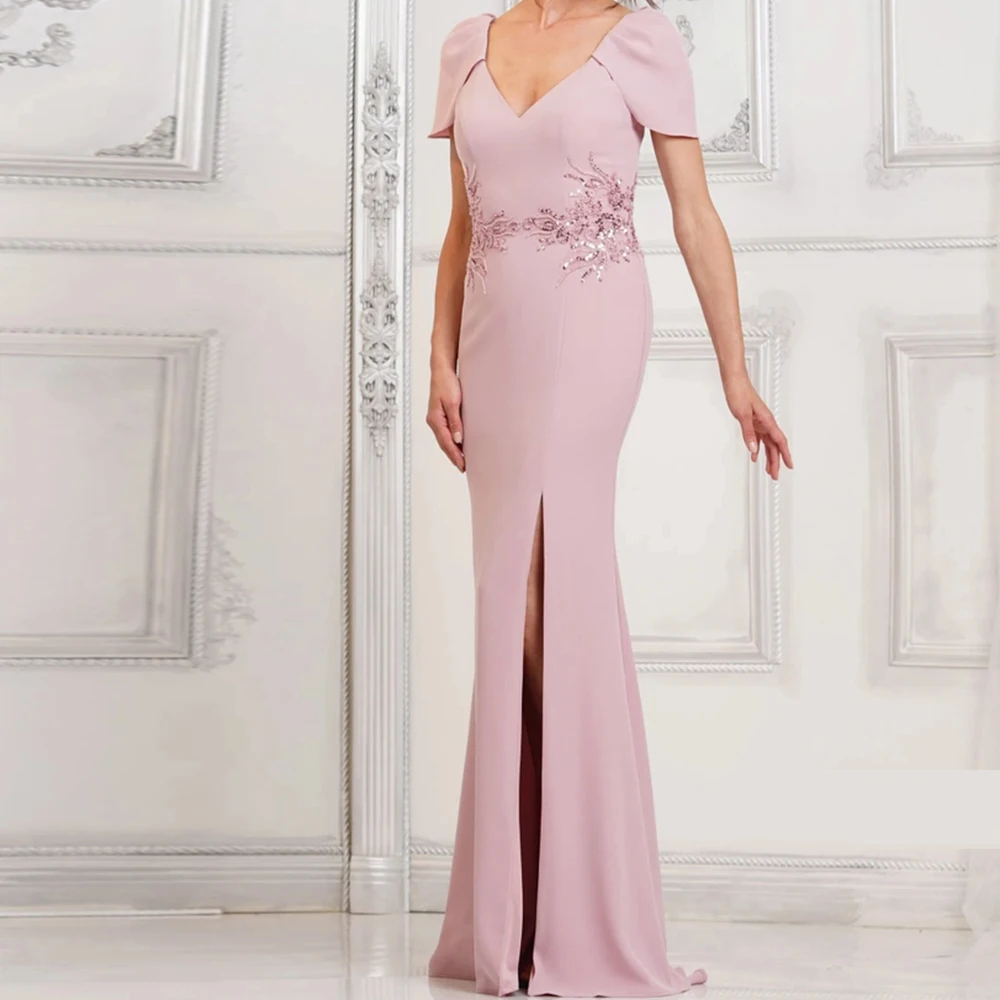 

CustomizedSaudi Straight Front Silt Appliques Sweep Train Floor Length Short Sleeve Solid Color Jersey Dresses For Formal Occas