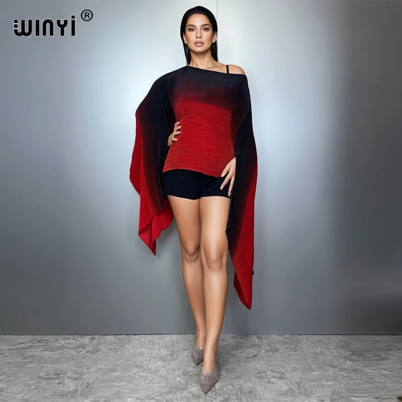 WINYI pleated Gradient color dress Women crumple Design Loose robe sexy maxi party dresses poncho for women maxi kaftan