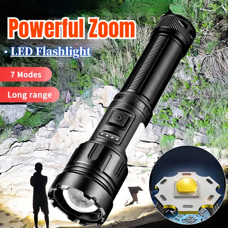 High Power Zoom LED Flashlight with COB Side Lights 7 Modes FLSTAR FIRE Rechargeable Torch Long Range XHP 50Tactical Lantern