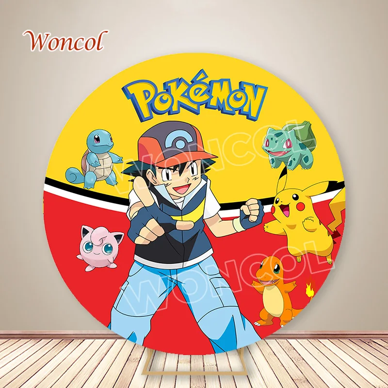 Pokemon Round Backdrop Kid Birthday Baby Shower Backdrop Charmander Squirtle Pikachu Cylinder Cover Party Decor Photocall Prop