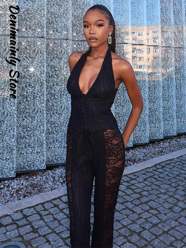 Sexy Lace Spliced Hollow Out Women's Jumpsuit Slim V-neck Halter Sleeveless Waist Cinched Jumpsuits 2026 Lady Party Bodysuit