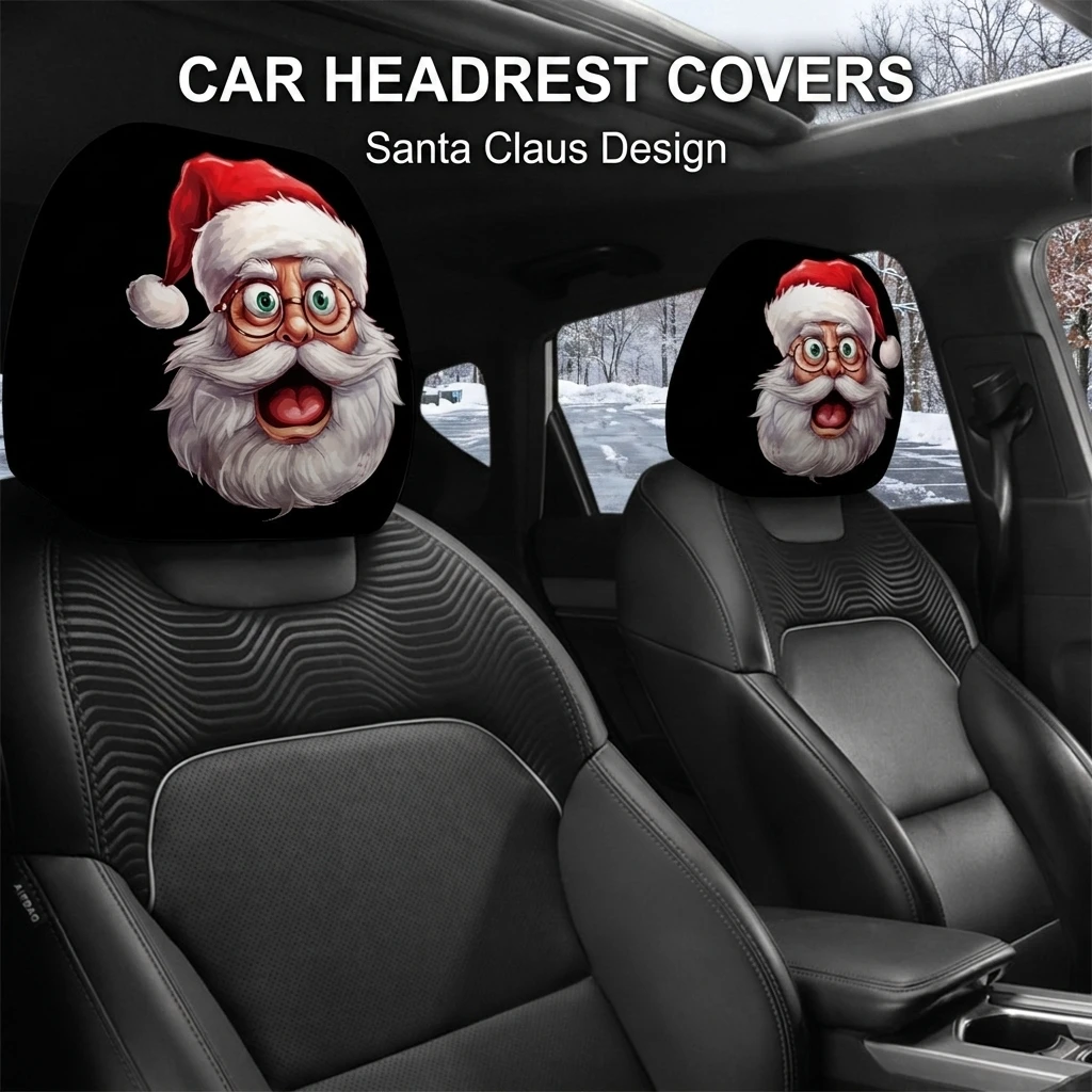 2Pcs Car Headrest Covers Elastic Polyester for Christmas Decoration Funny Expression Auto Seat Neck Pillow Protector Gift
