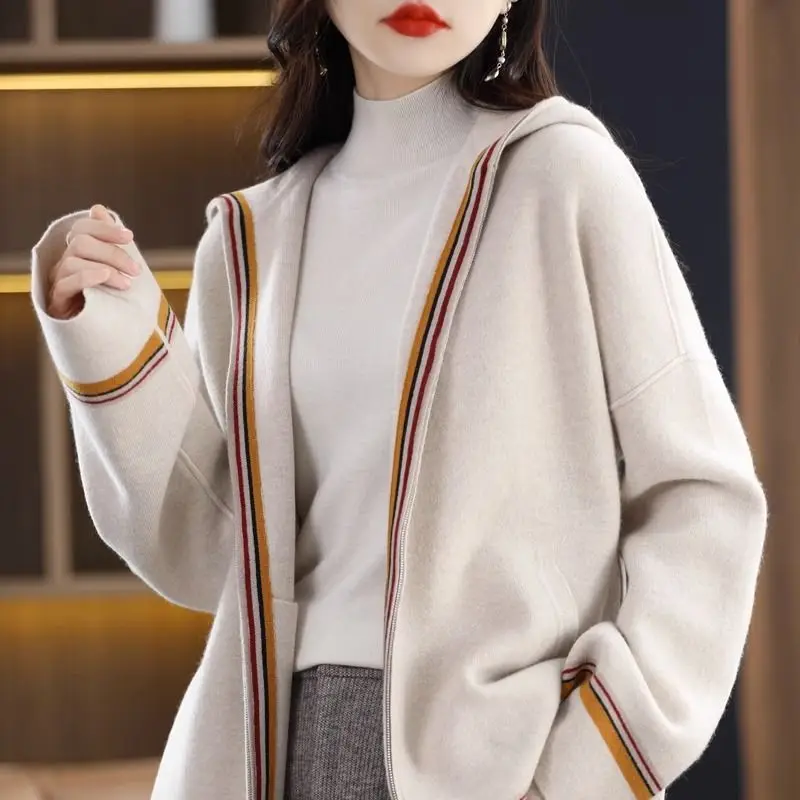 

Women's Autumn and Winter Wool Blend Sweater Hooded Collar Thickened Knitted Zipper Cardigan Basic Top Women's Coat A170