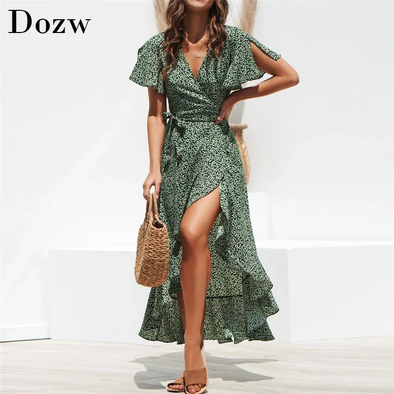 

Summer Beach Maxi Dress Women Floral Print Boho Long Chiffon Dress Ruffles Wrap Casual V-Neck Split Sexy Party Dress Robe