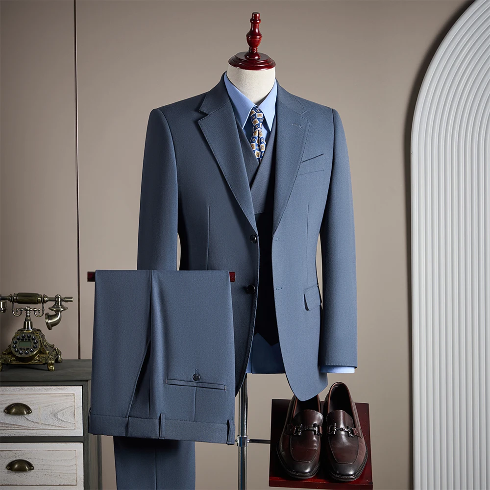 

High-end men's wool suit set, fashionable and cool solid color banquet and wedding fine three-piece suit set