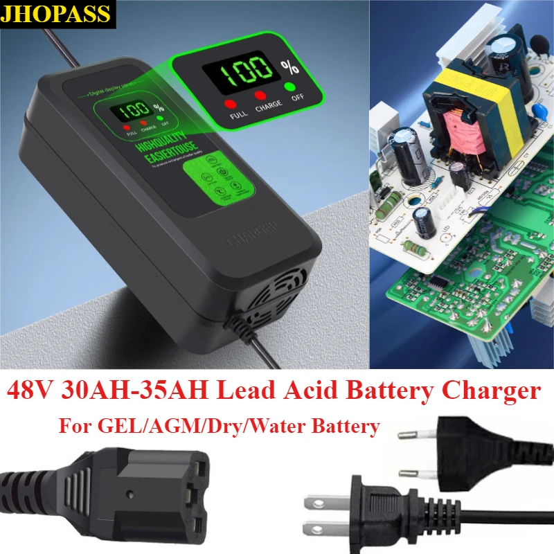 48V 30AH-35AH GEL AGM Dry Water Lead Acid Battery Charger Smart AC110V-220V for Motorcycle E-bike Scooter with EU AU UK US Plug