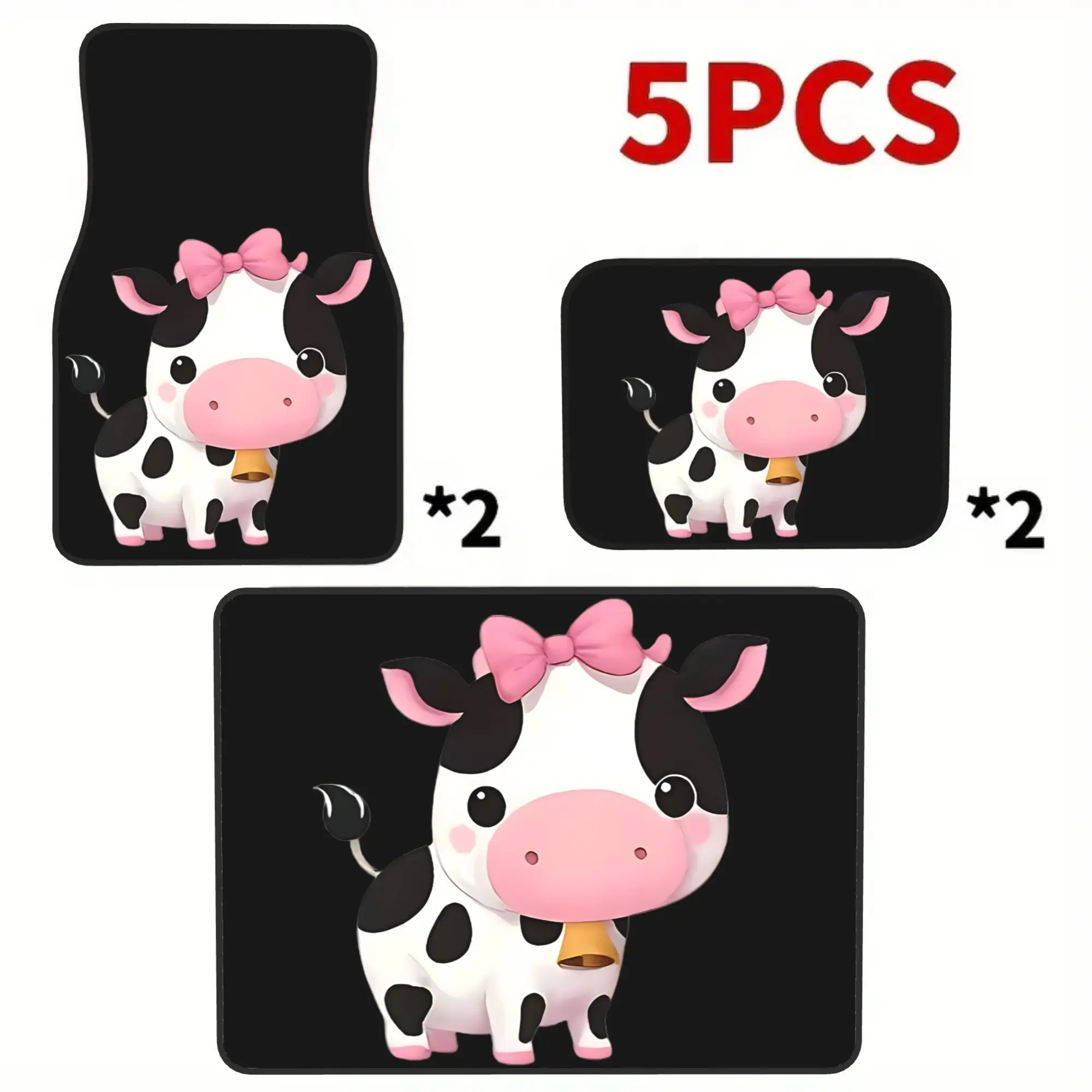 2D Flat Printing 5pcs Cute Cow With Pink Bow And Bell Printed Car Mats Set (4 Floor Mats And 1 Trunk Mat), Made Of Durable Polye