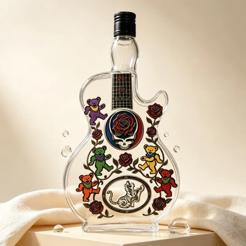 Grateful Dead Rock Band Decorative Decanter, Clear Glass Guitar Whiskey Bottle, Collectible Bar Ornament for Music Lovers