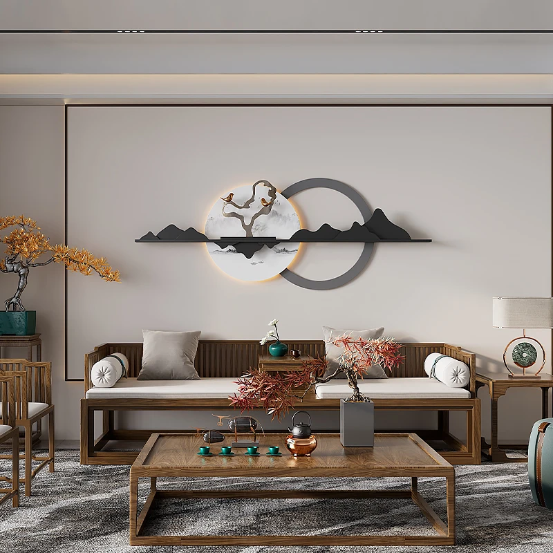 Simple living room entrance wall decoration New Chinese sofa background wall with LED lamp decoration Landscape painting wall de