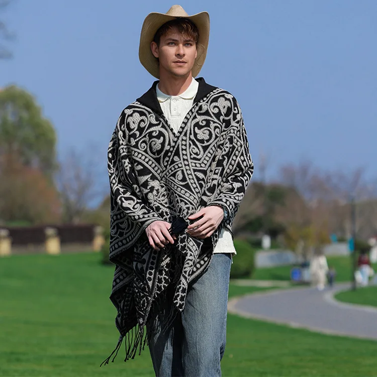 2025 New Men's Imitation Wool Cape Shawl Cross-border Hot Selling Hooded Woven Slit Cape Autumn and Winter Poncho Cloak