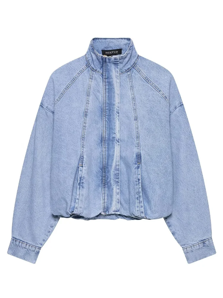 Vintage Blaue Kurze Jeansjacke für Damen mit Stehkragen, Reißverschluss und Knöpfen, Lose Passform, Langarm, Neue Streetwear für den Alltag im Herbst – Detail 4