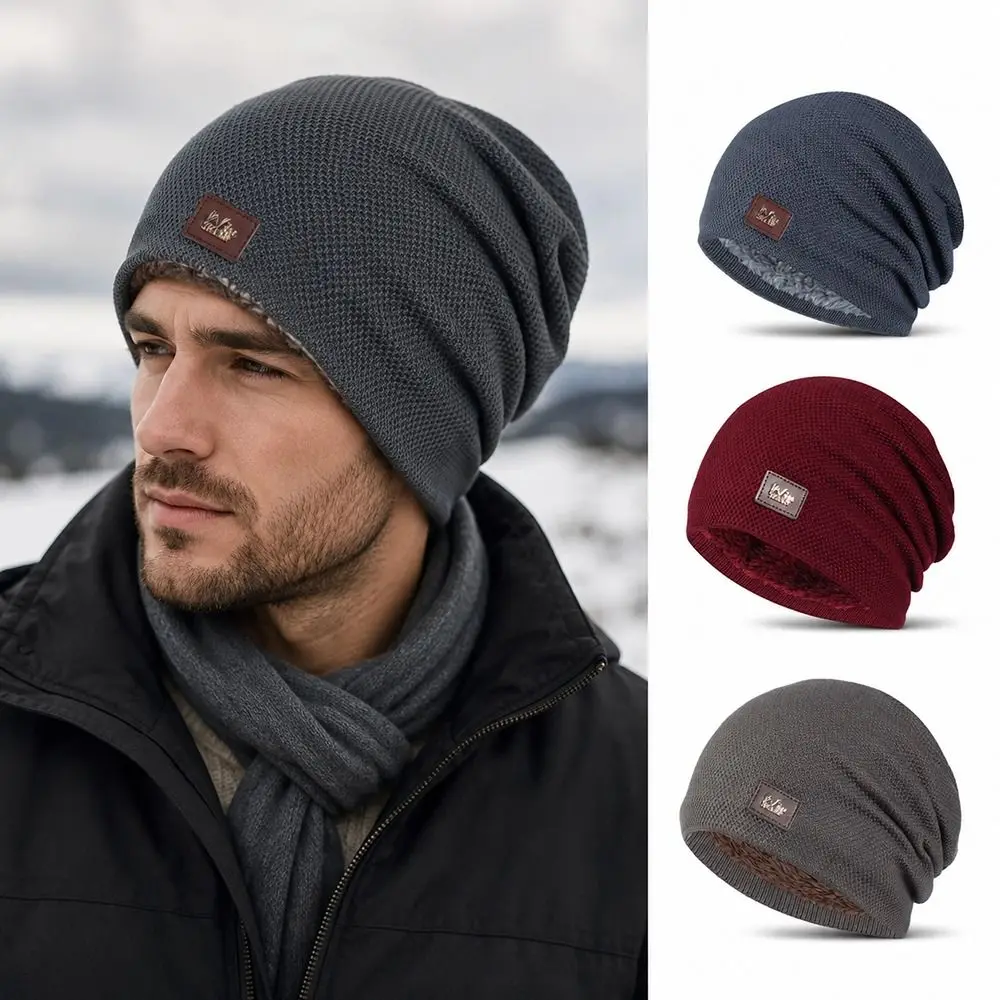 Warm Fleece Lined Casual Knitted Hat Label Decor Pullover Slouchy Winter Hats Knitted Material Solid Turban Cap Winter Season
