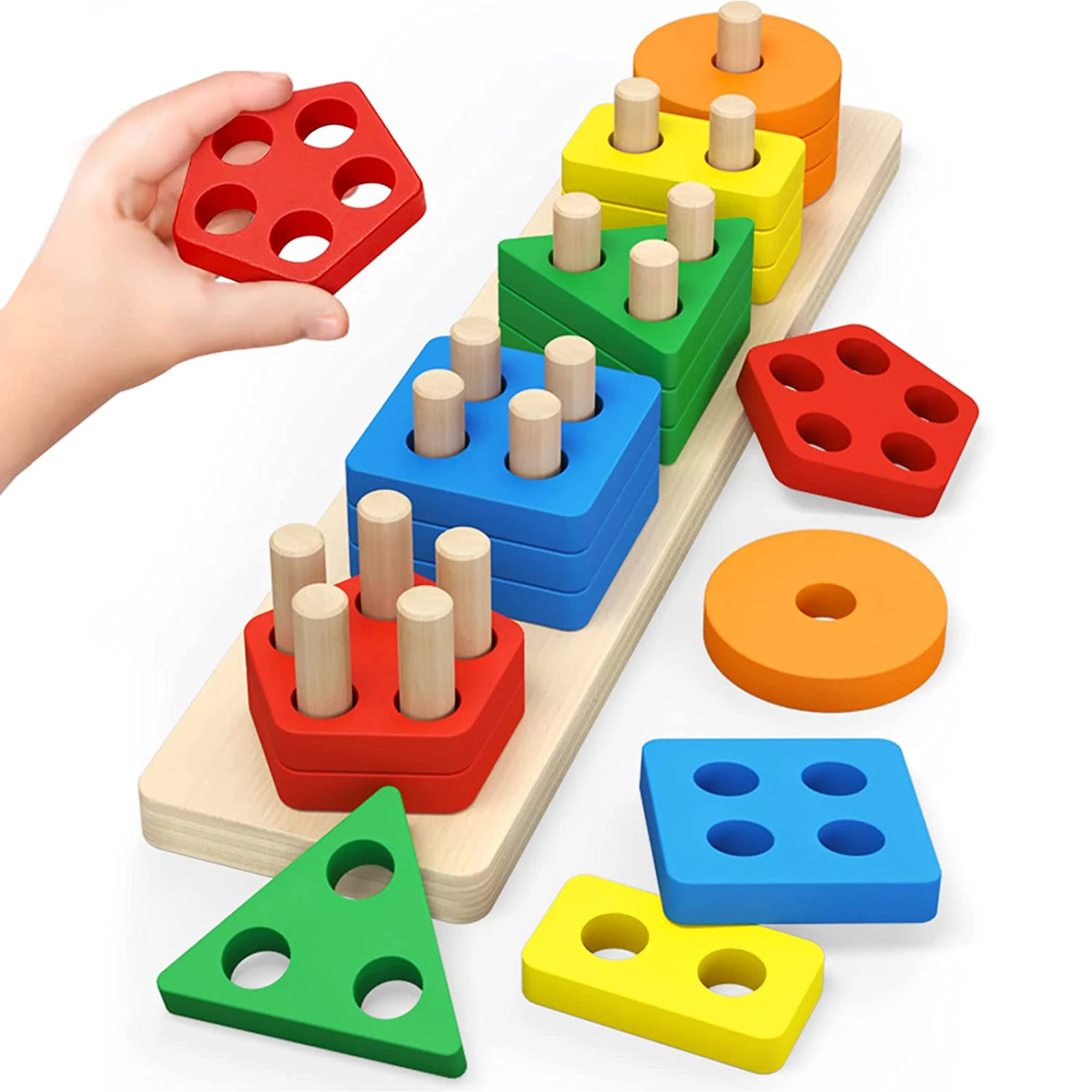 Baby Wooden Toys Rainbow Stacking Ring Tower Blocks Puzzle Toys Montessori Educational Color Shape Geometric Game Toys for Kids