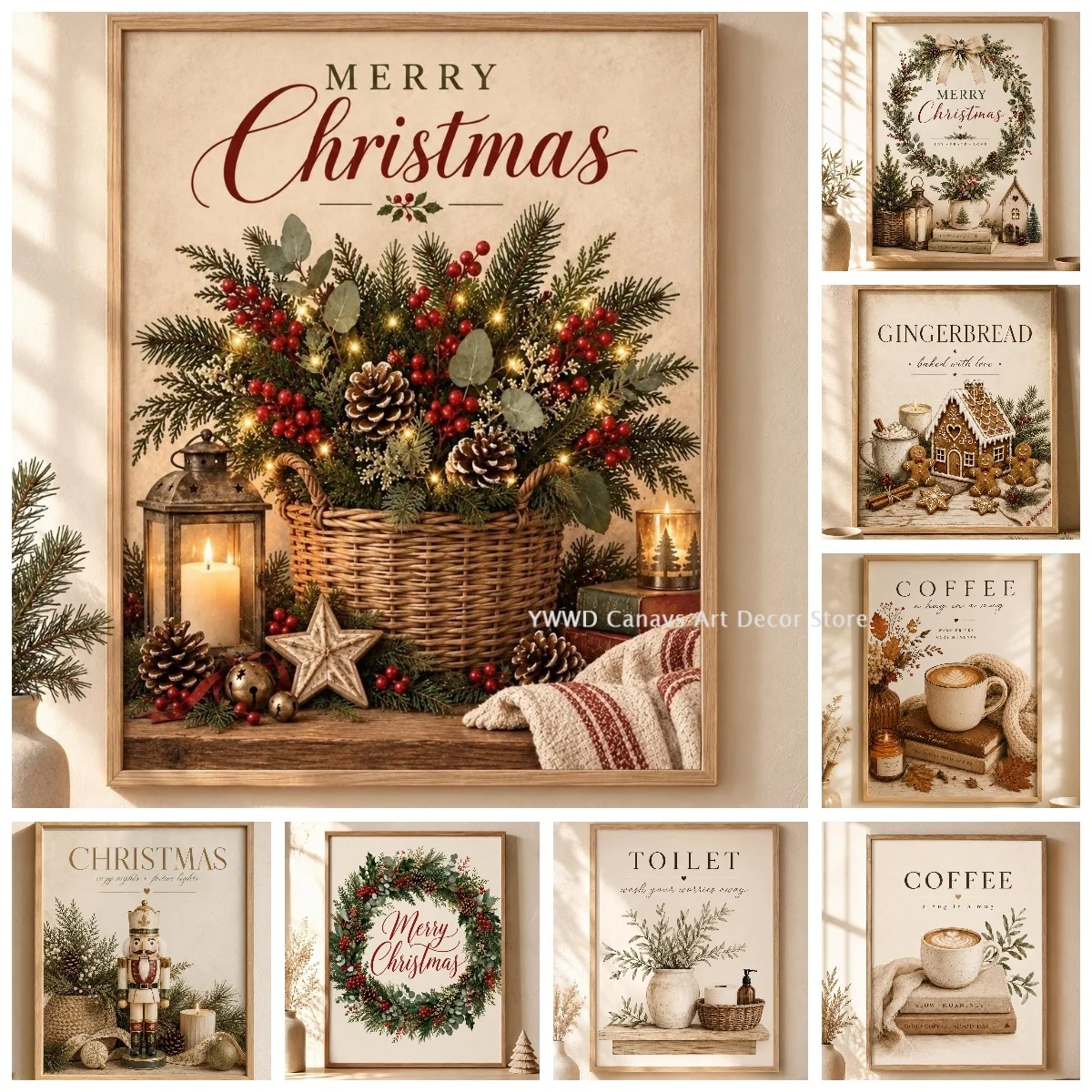 Merry Christmas Christmas Tree Canvas Print Scandinavian Coffee Toilet Farmhouse Wall Art Poster for Christmas Autumn Home Decor