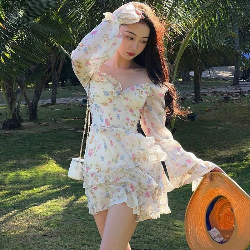 Sweet Elegant Party Mini Dress Women 2022 Summer Beach Long Sleeve Fairy Dress Female Y2k Korean Fashion Floral Lolita Dresses