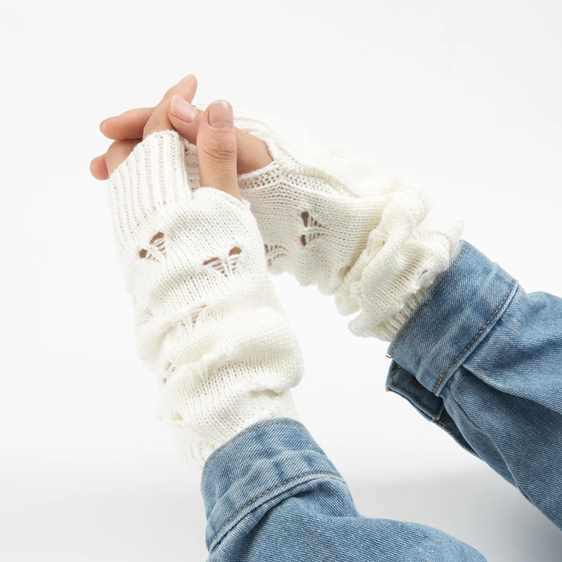 

Women's Fashion Knitted Warm Pile Arm Cover Long Fingerless Gloves Winter Solid Casual Street Crochet Thumb Hole Arm Sleeves