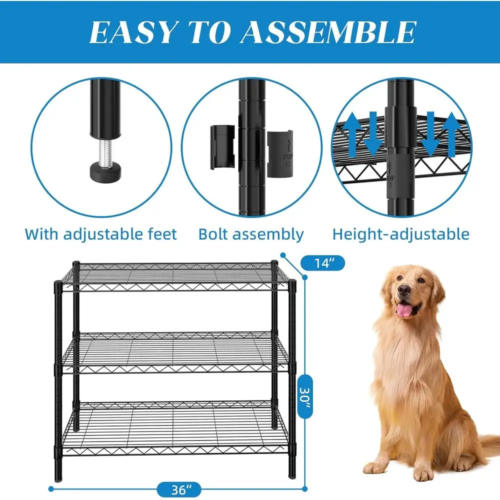 Estante de arame de metal de 3 camadas ajustável para armazenamento doméstico e de escritório - preto, 36L x 14W x 30H