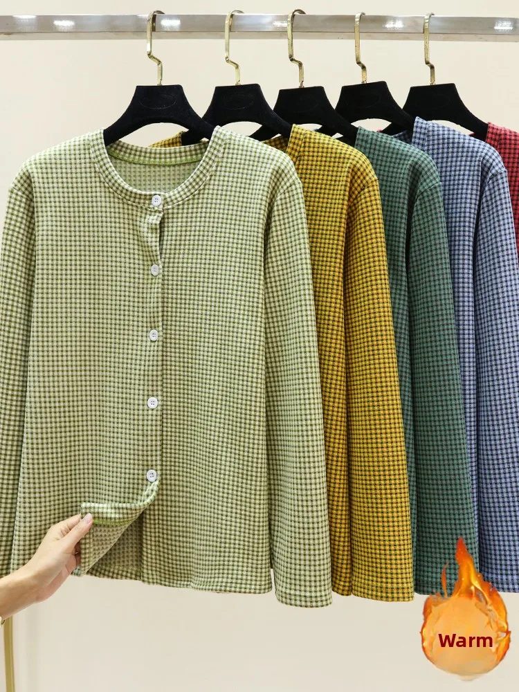 Winter Warm Fleece Women's Home Sweater Cardigan Plaid Print Long Sleeve Casual Loose Fit round Neck Sleepwear Top