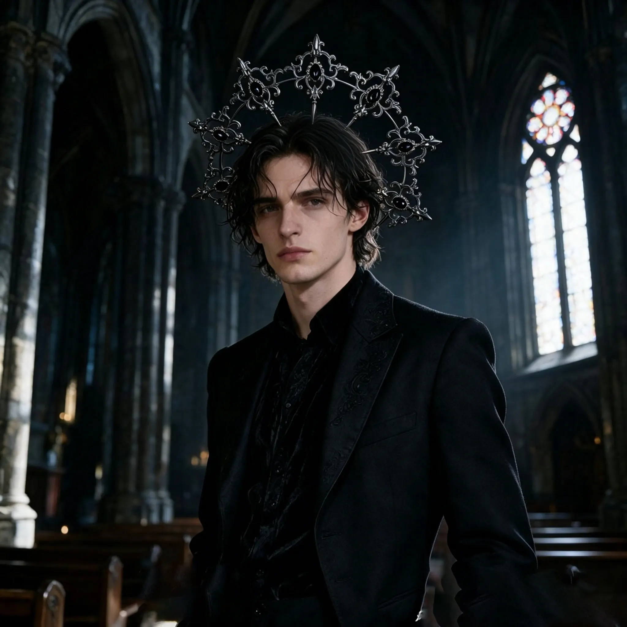 Gotische schwarze Kristall-Halo-Krone für Herren – Königlicher Kopfschmuck im Barock-Stil für Halloween-Cosplay – Detail 4