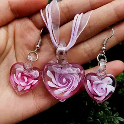 Handmade Heart Shape Flowers Art Muran Love Pendant Necklace Women Lampwork Glass Italy Inspiration Ribbon Jewelry  Cheap Item