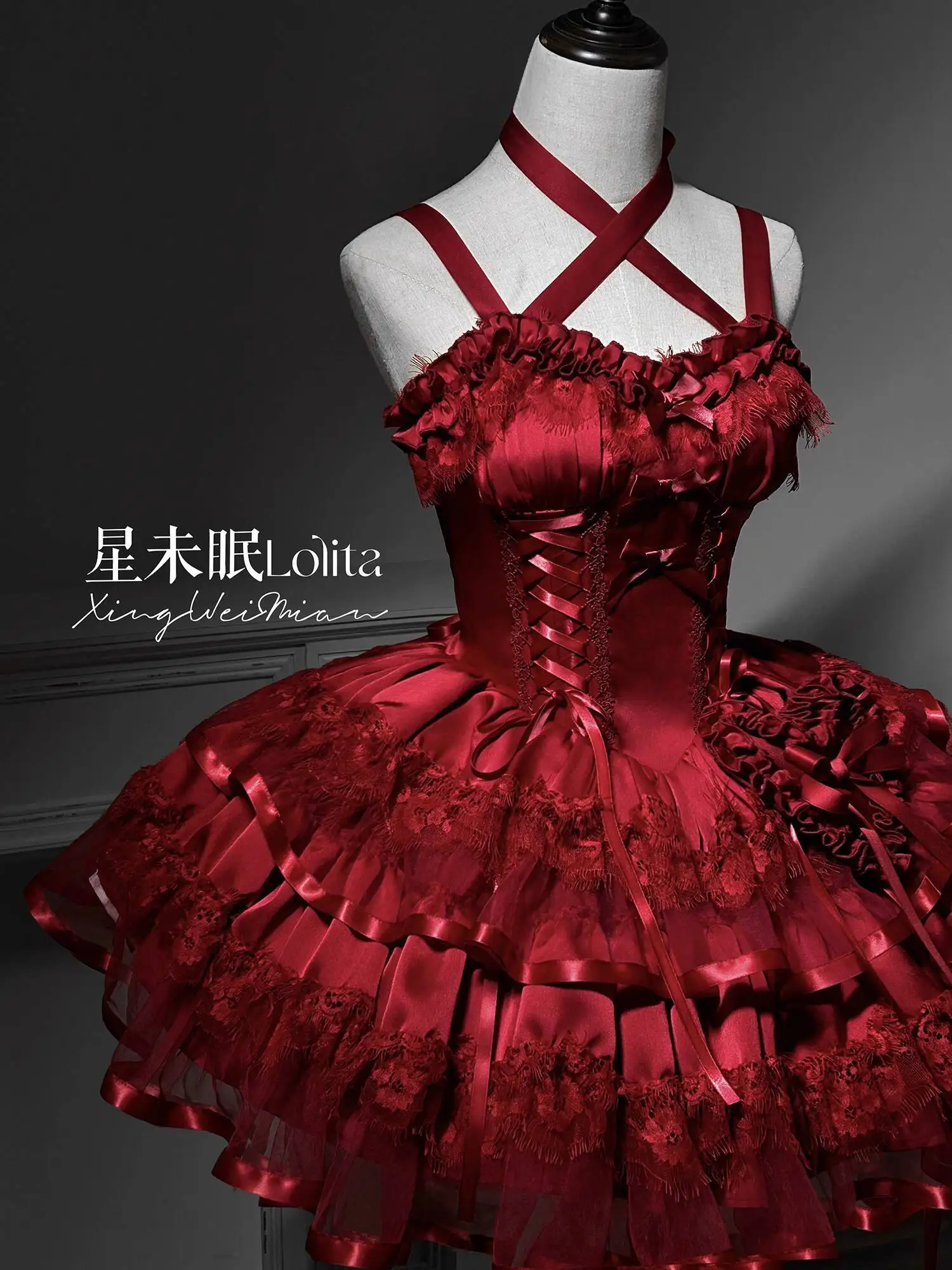 

Red Gothic Rose Lolita High Waist Bow Jsk Dress Elegant Slimming midnight Ballet Cute Flying Sleeves Party Princess Dresses
