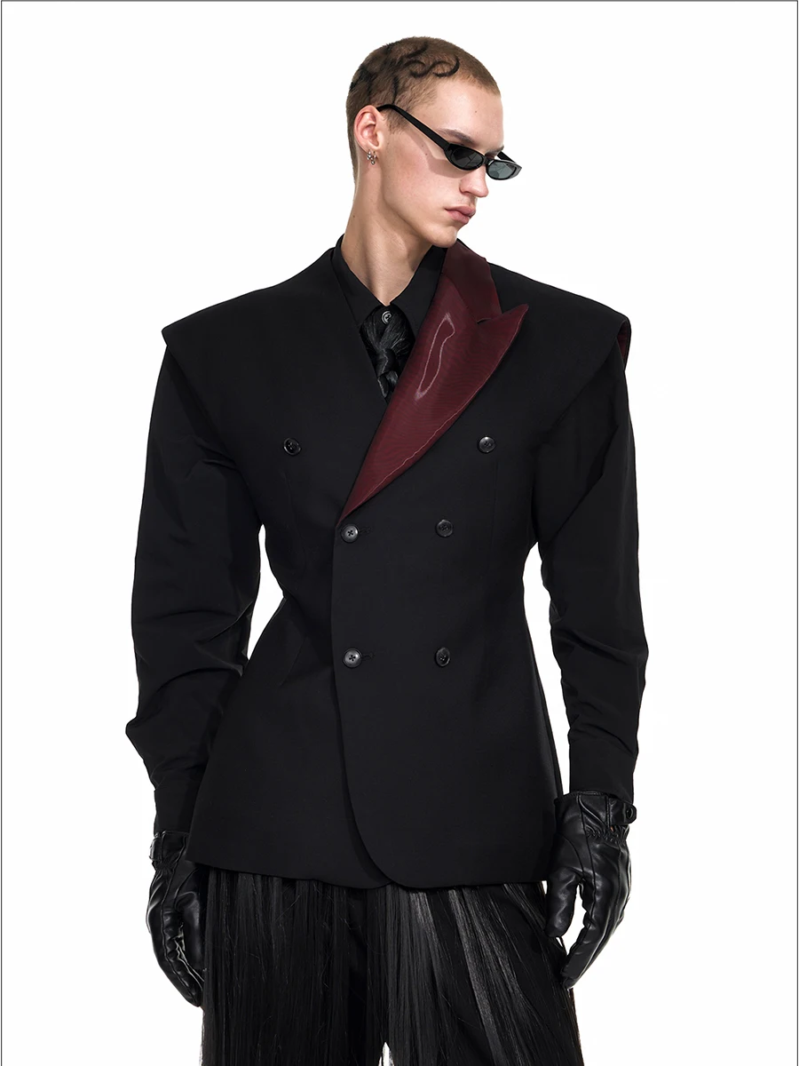 

Mauroicardi Spring Autumn Fitted Patchwork Vest Blazers for Men Peaked Lapel Shoulder Pads Elegant Luxury Designer Clothes 2025
