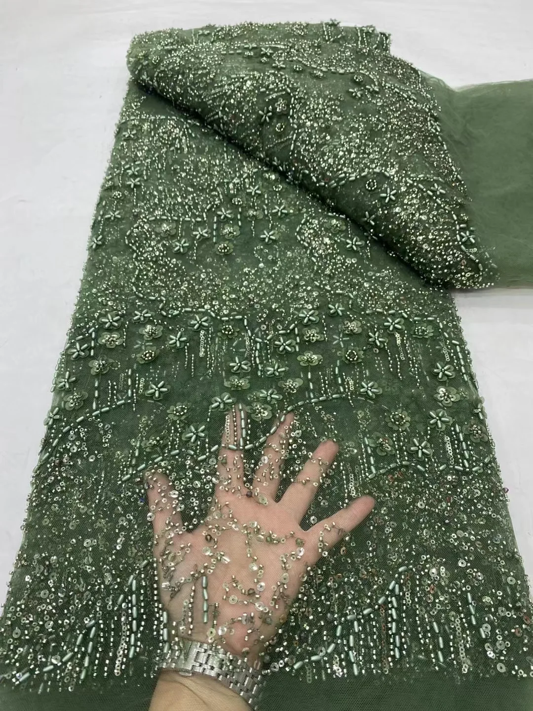 

Luxury Handmade Bead Lace Fabric Heavy Sequin Embroidery Fabric Fashion French Tulle Mesh Lace Fabric for Wedding ND5930