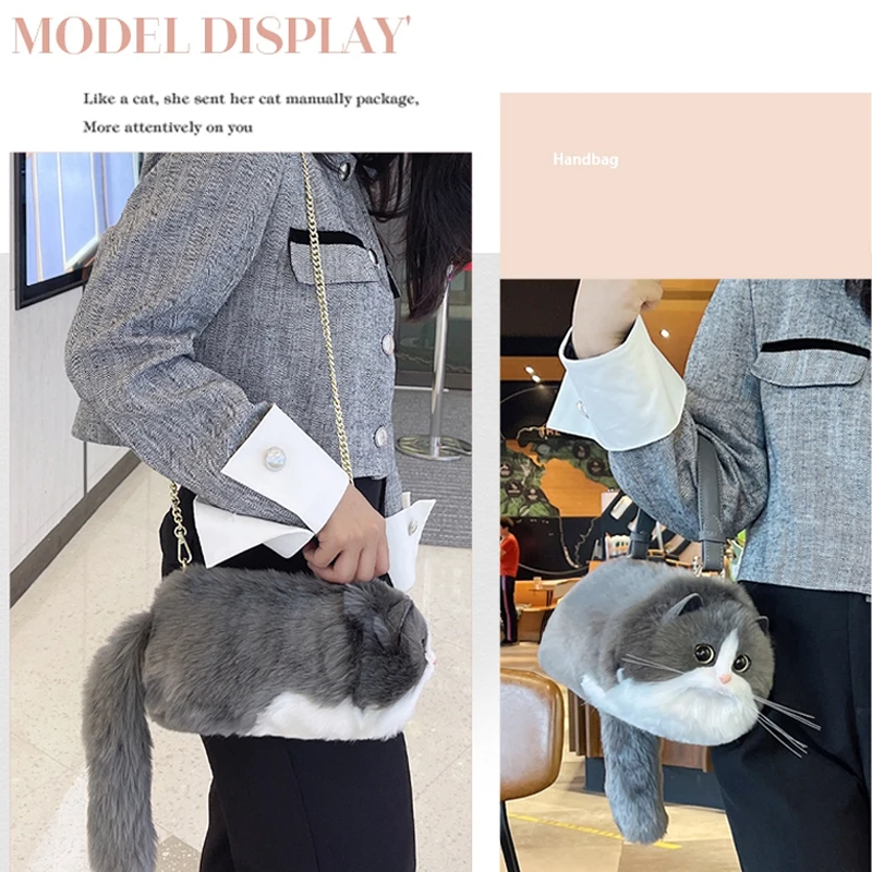 Cat Bag Handmade High Quality Gray And White Plush Cat Bag Large Capacity Handbag Cross-body Bag Available For Women Handbag