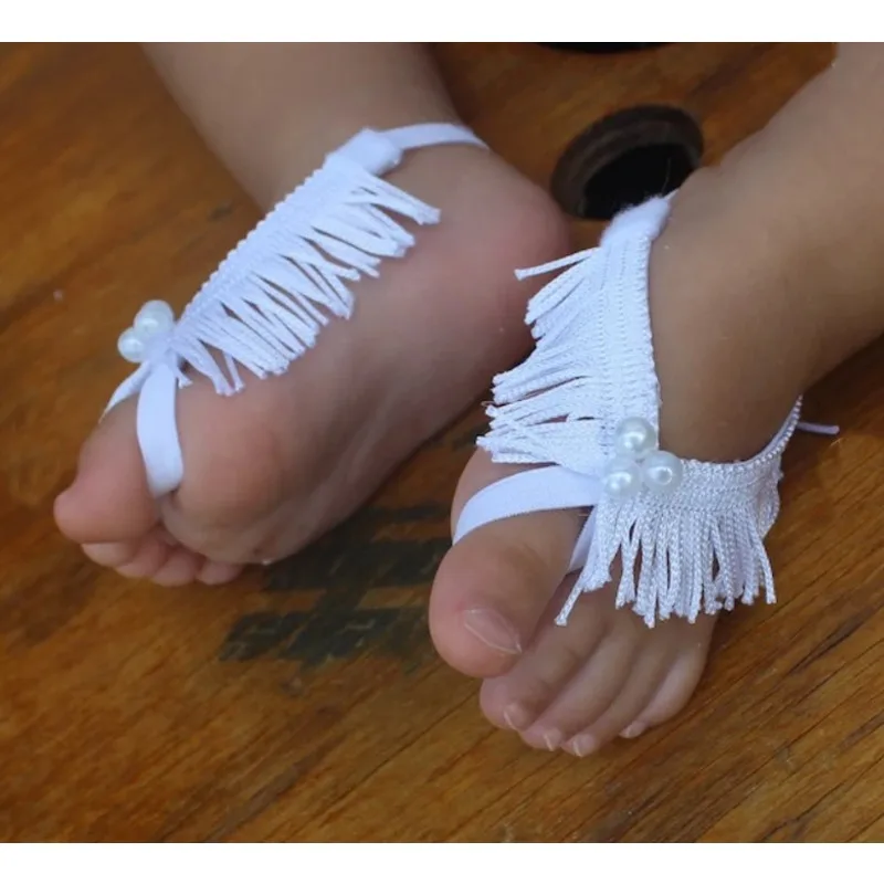

White Tassel Baptism Barefoot Sandals - Fringe Detail Baby Sandals - Newborn Photo Accessories & Christening Gifts(0-6month)