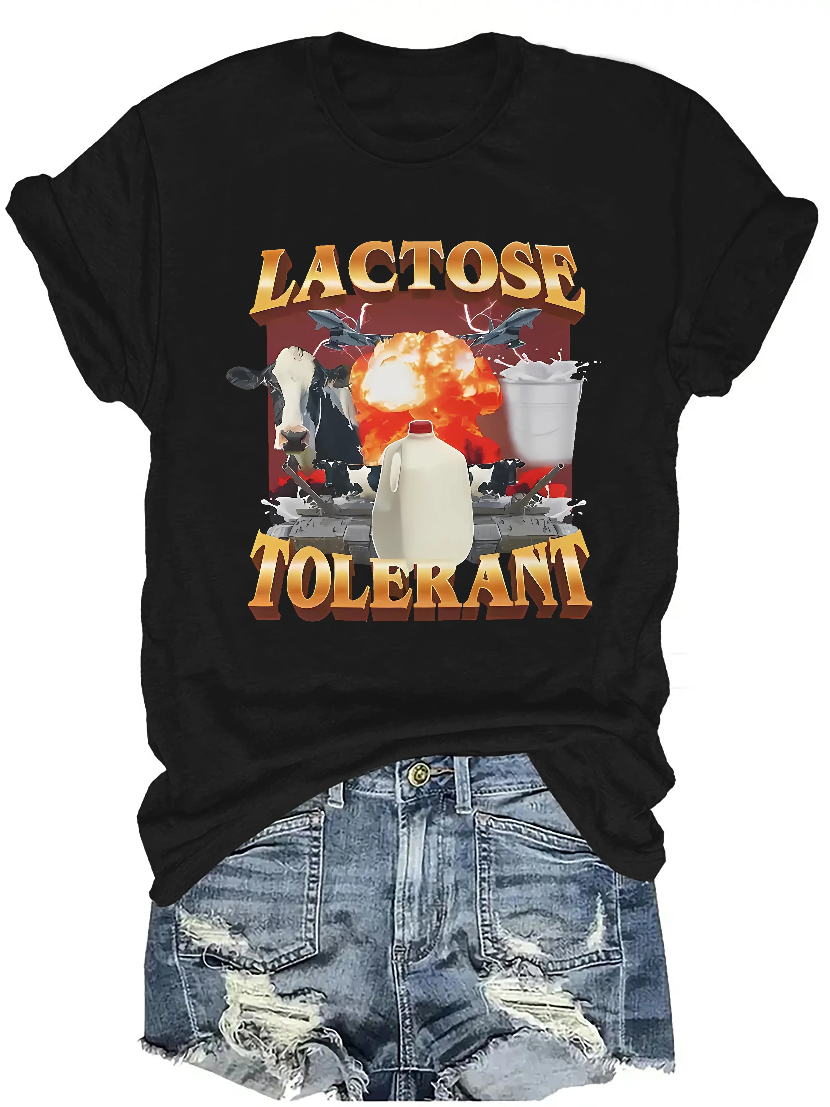 

Unisex Lactose Tolerant Graphic T-Shirt - Printed Design Short Sleeve Fabric Top for All Seasons Casual Crew Neck Tee with
